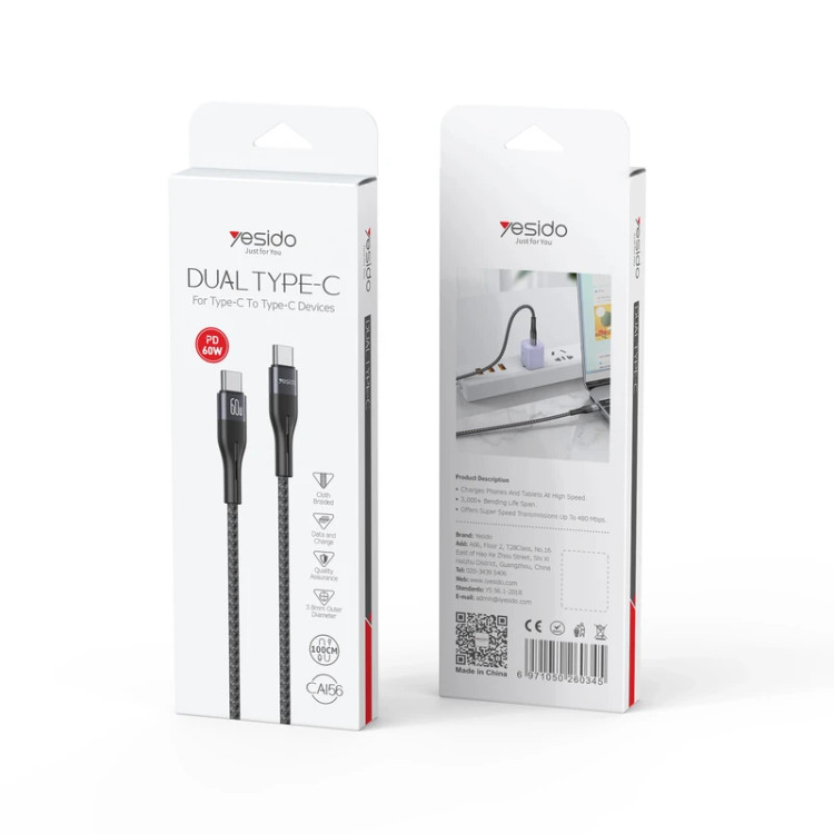 کابل USB-C یسیدو مدل DUAL TYPE-C CA156 60W طول 1 متر