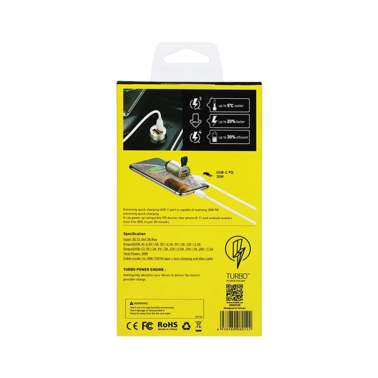 شارژر فندکی سیبراتون 30 وات مدل SC3230PD به همراه کابل تایپ سی